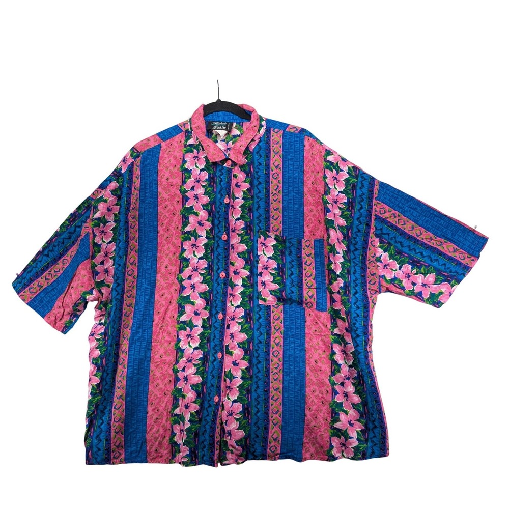 Michele Leslie Vintage 90s Tropical Floral Button Down Shirt Pink Blue 3X USA